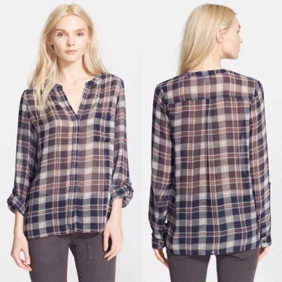 Joie Nura Plaid Silk Blouse Dark Navy Vintage Rose XS chiffon sheer long sleeve - Picture 2 of 8